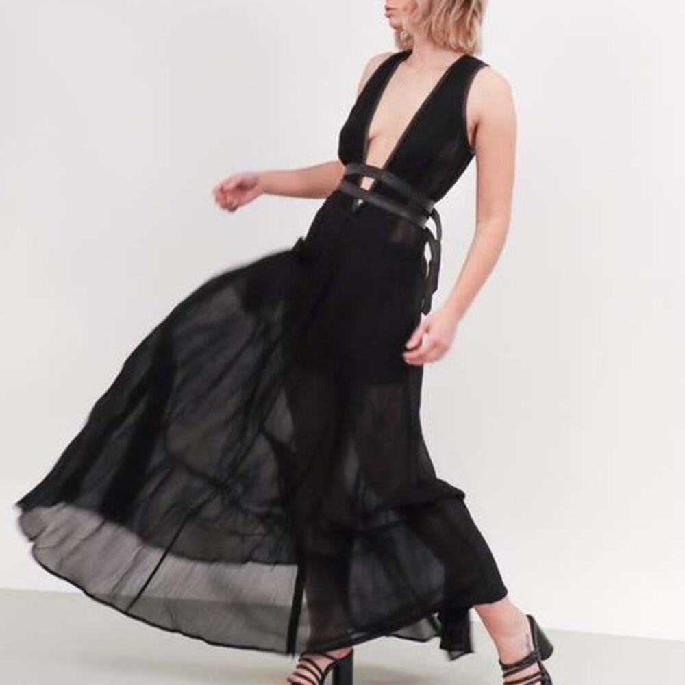 Nicholas K XL NWT Rhine Dress Leather Trim Plunge Georgette Maxi Gown Black
